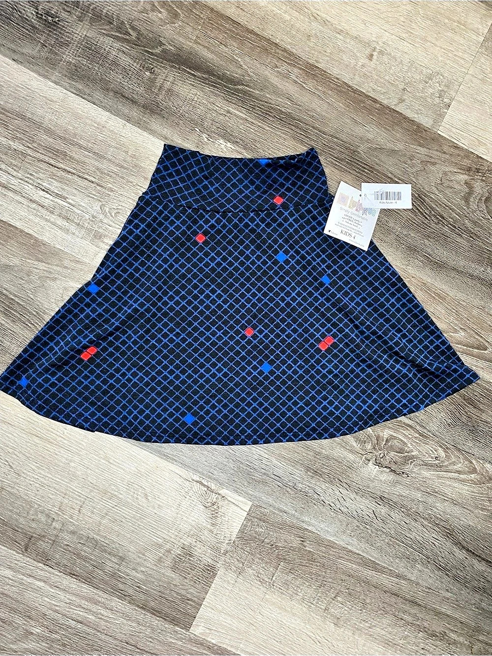 Lularoe Kids Azure Geometric Skirt in Blue & Black Girls 4 NWT
